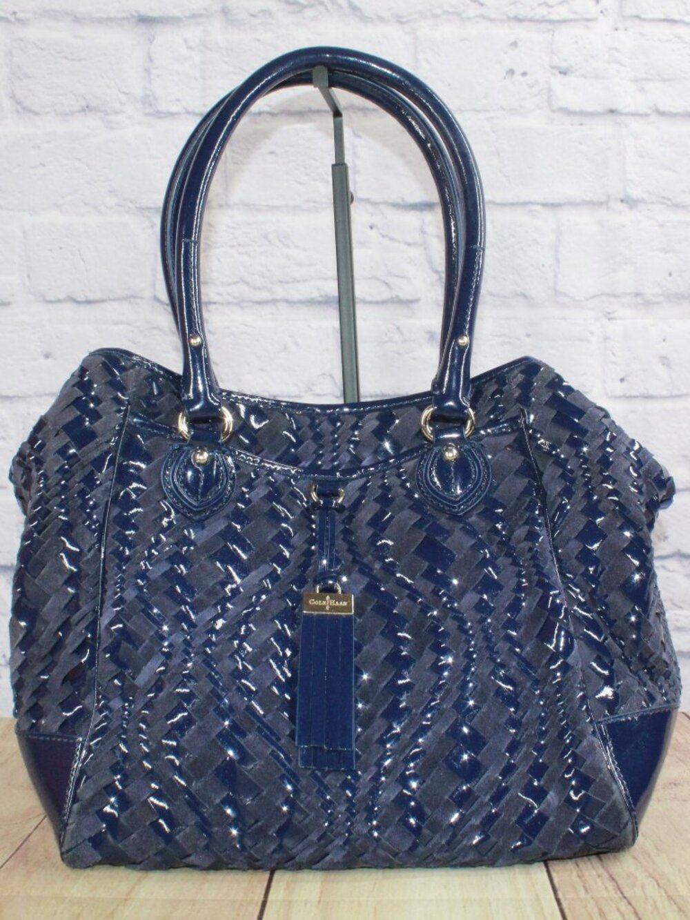Cole Haan Navy Patent Weave Shoulder Bag Crossbody Satchel Magnetic